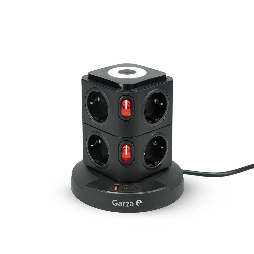 Regleta torre sobremesa con 8 tomas Schuko, 1 USB-A QC3.0 y 2 USB-C carga rápida PD20W